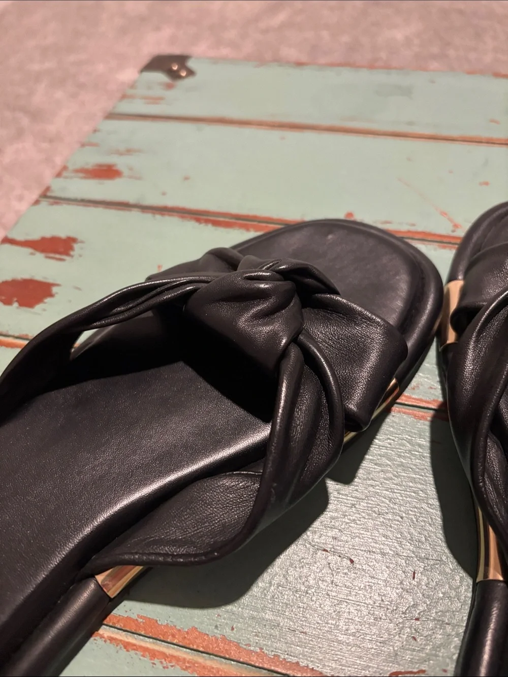 NWOT Coach Black Knotted Leather Slide Sandals with Gold Accents - Women